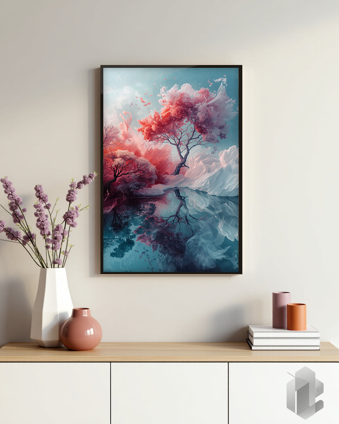 Poster „Light Mirage“ – sanfter Eissee mit Eisbergen und rosa Bäumen, harmonische Spiegelungen für Wohnzimmer, Schlafzimmer oder Büro.