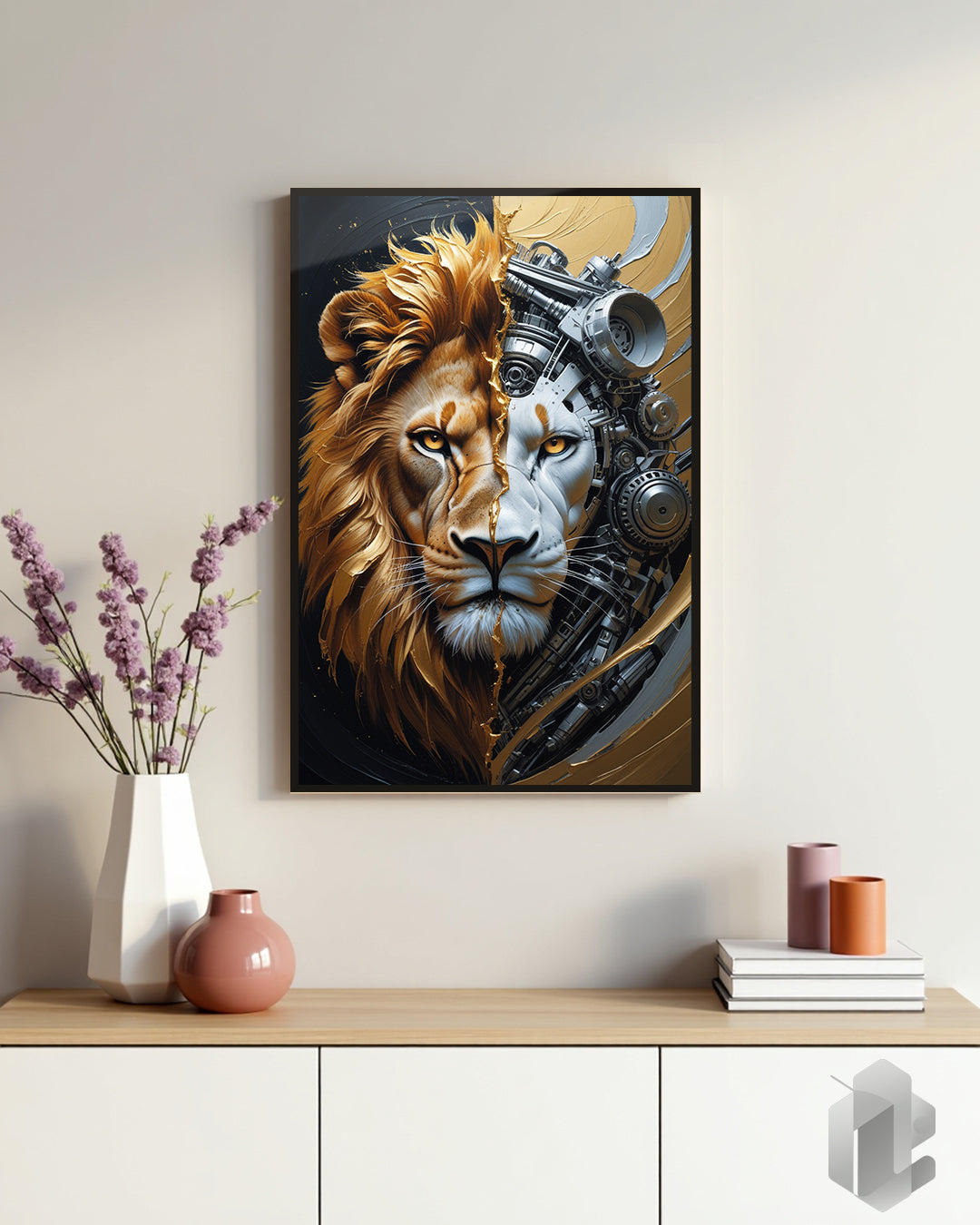 Lion Hybrid Poster: Imposantes Löwengesicht in natürlicher und futuristischer Form für eine kraftvolle Wanddekoration