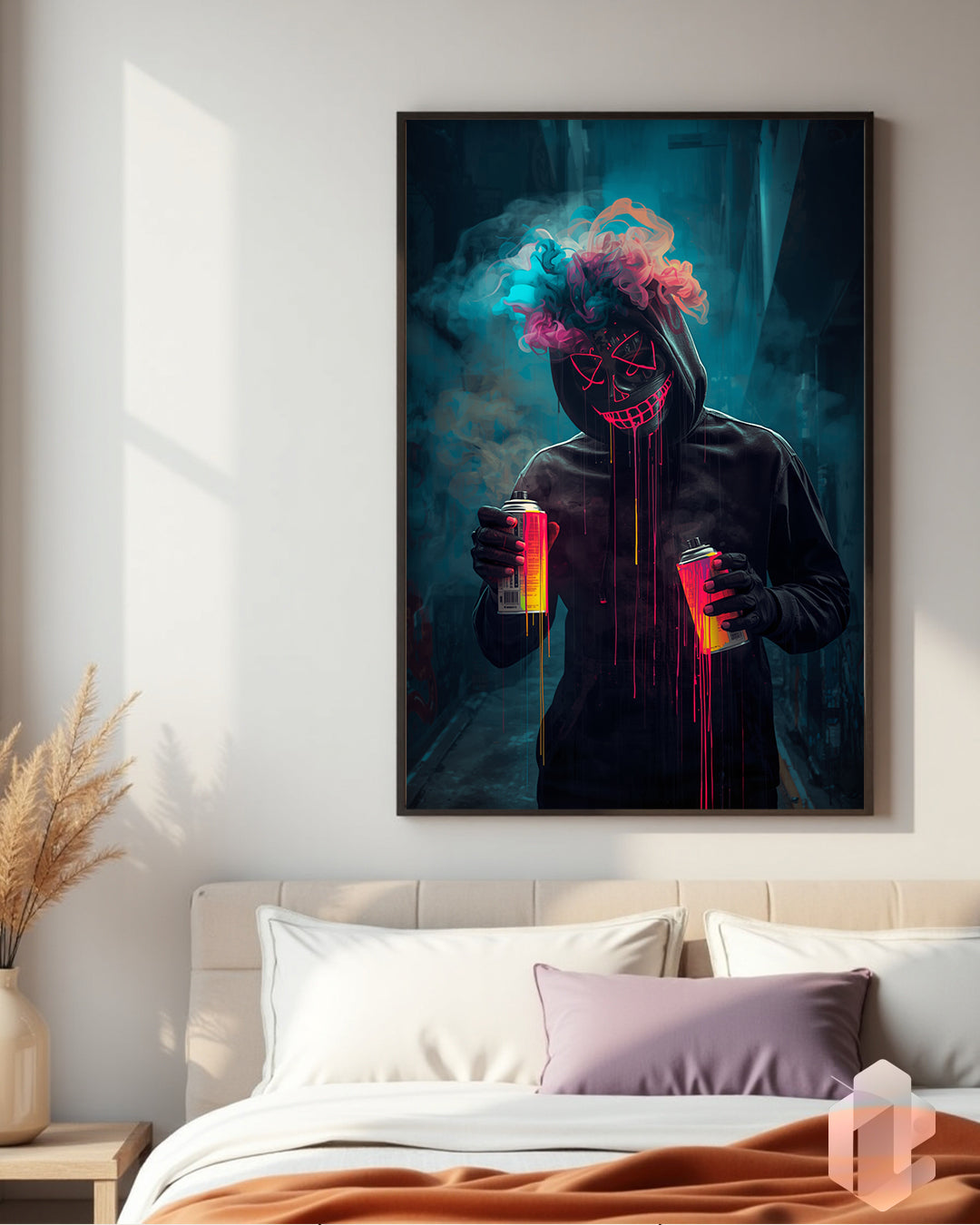 Street-Art Kunst mit maskiertem Künstler im Neon-Stil – ideales Poster für dein Jugendzimmer oder Loft.