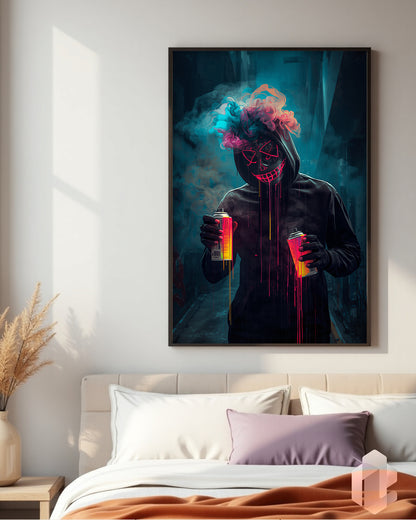 Street-Art Kunst mit maskiertem Künstler im Neon-Stil – ideales Poster für dein Jugendzimmer oder Loft.