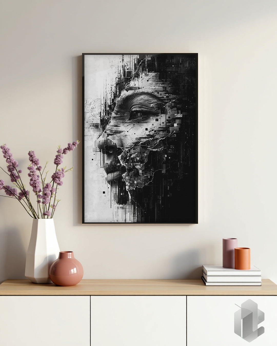 Poster „Monochrom Glitch“ – abstraktes Schwarz-Weiß-Porträt im Glitch-Art-Stil für kreative Wanddekoration.