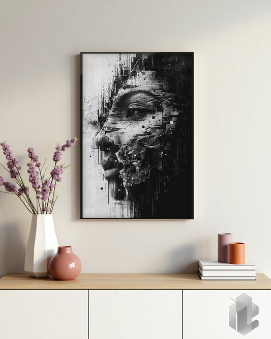 Poster „Monochrom Glitch“ – abstraktes Schwarz-Weiß-Porträt im Glitch-Art-Stil für kreative Wanddekoration.