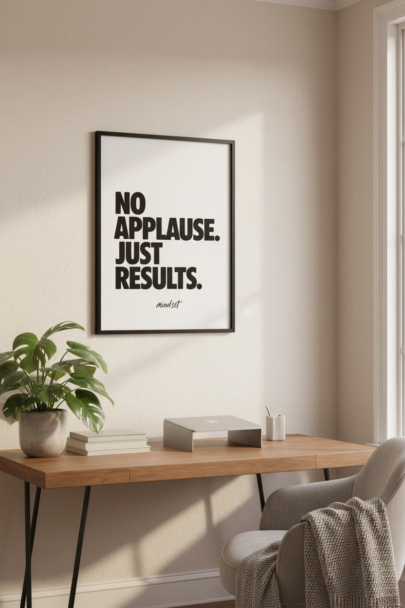 Minimalistisches Typografie Poster No Applause Just Results schwarz weiß 50x70 cm