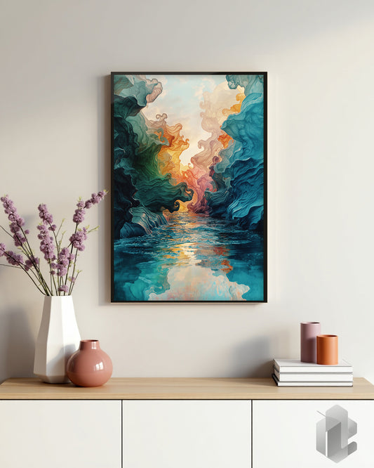 Poster „Nature Veins“ – farbenfroher Fluss in sanften Aquarell-Nebel-Tönen für Wohnzimmer, Schlafzimmer, Flur oder Büro.