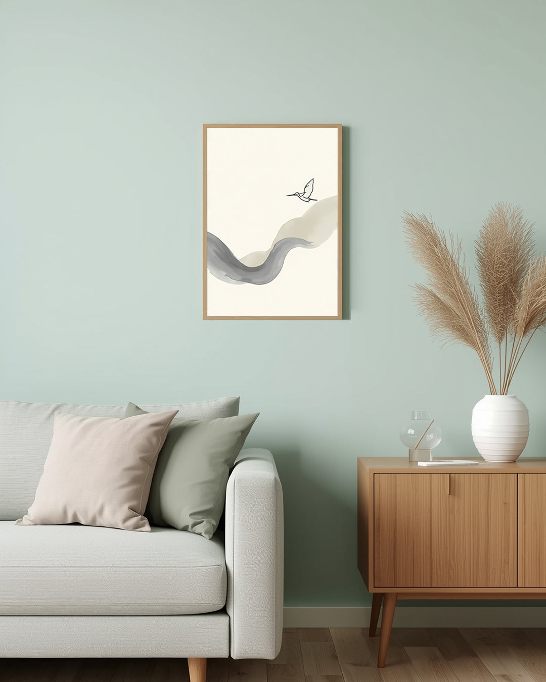 Inspirierendes Poster „Brushstring“ mit fließenden Pinselstrichen und einem Colibri für moderne Räume