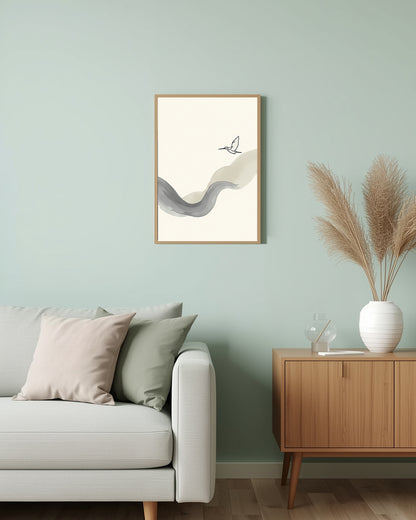 Inspirierendes Poster „Brushstring“ mit fließenden Pinselstrichen und einem Colibri für moderne Räume