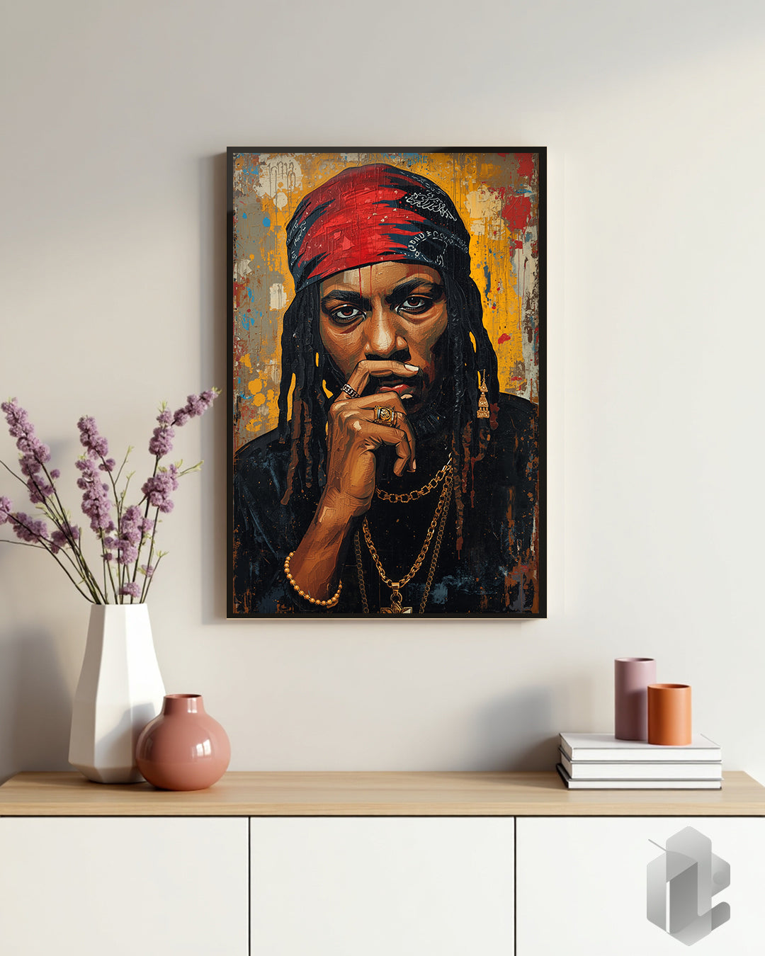 Rapper Portrait: Kunstvolles Porträt eines 90er Hip-Hop Rappers als Wandbild für dein Zuhause.