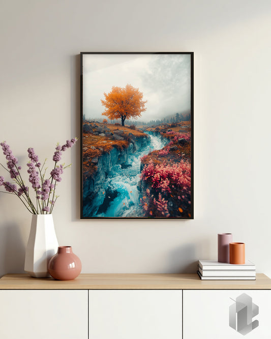 Poster „River Muse“ – fantasievolle Flusslandschaft in kühlen Herbstfarben für Wohnzimmer, Schlafzimmer, Flur oder Büro.