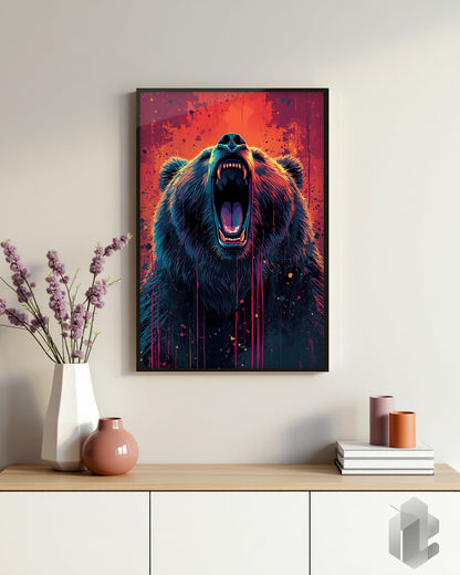 „Roaring Bear“ Poster: Imposantes Bärenmotiv in leuchtenden Farben für eine kraftvolle Wandgestaltung