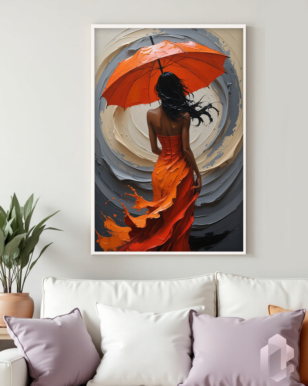 Ausdrucksstarke Frau mit rotem Kleid und Regenschirm – ein stilvolles Kunstwerk für dein Wohnzimmer oder Büro