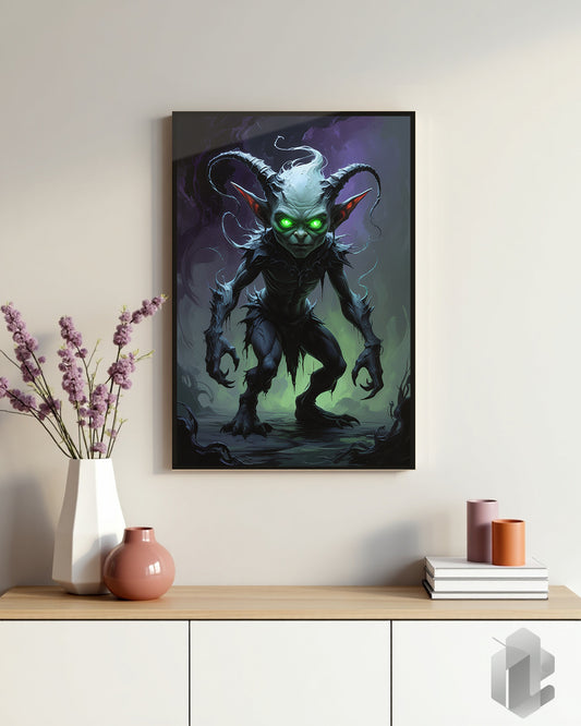 Small Creature Poster: Goblinartige Kreatur mit grünen Augen für eine düstere, mystische Raumgestaltung
