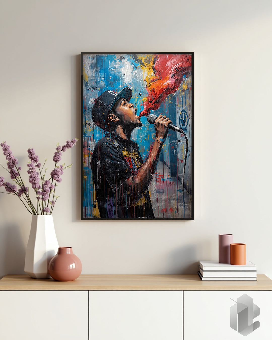 Graffiti-inspiriertes Porträt eines US-Rappers ‚Street Rapper‘ – Modernes Kunstposter für einen urbanen Look in Wohnzimmer, Büro oder Jugendzimmer.