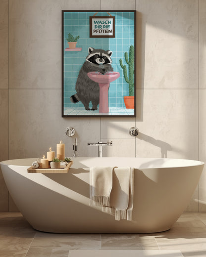 Lustiges Badezimmer Poster Waschbär – Wasch dir die Pfoten