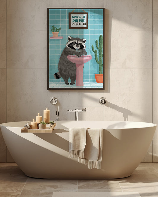 Lustiges Badezimmer Poster Waschbär – Wasch dir die Pfoten