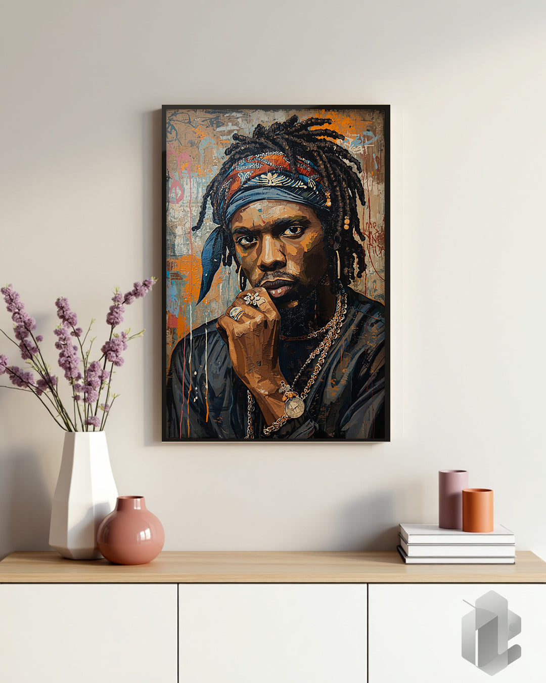 Rapper Portrait Poster: Kunstvolles Porträt eines 90er Hip-Hop Rappers als Wanddekoration.