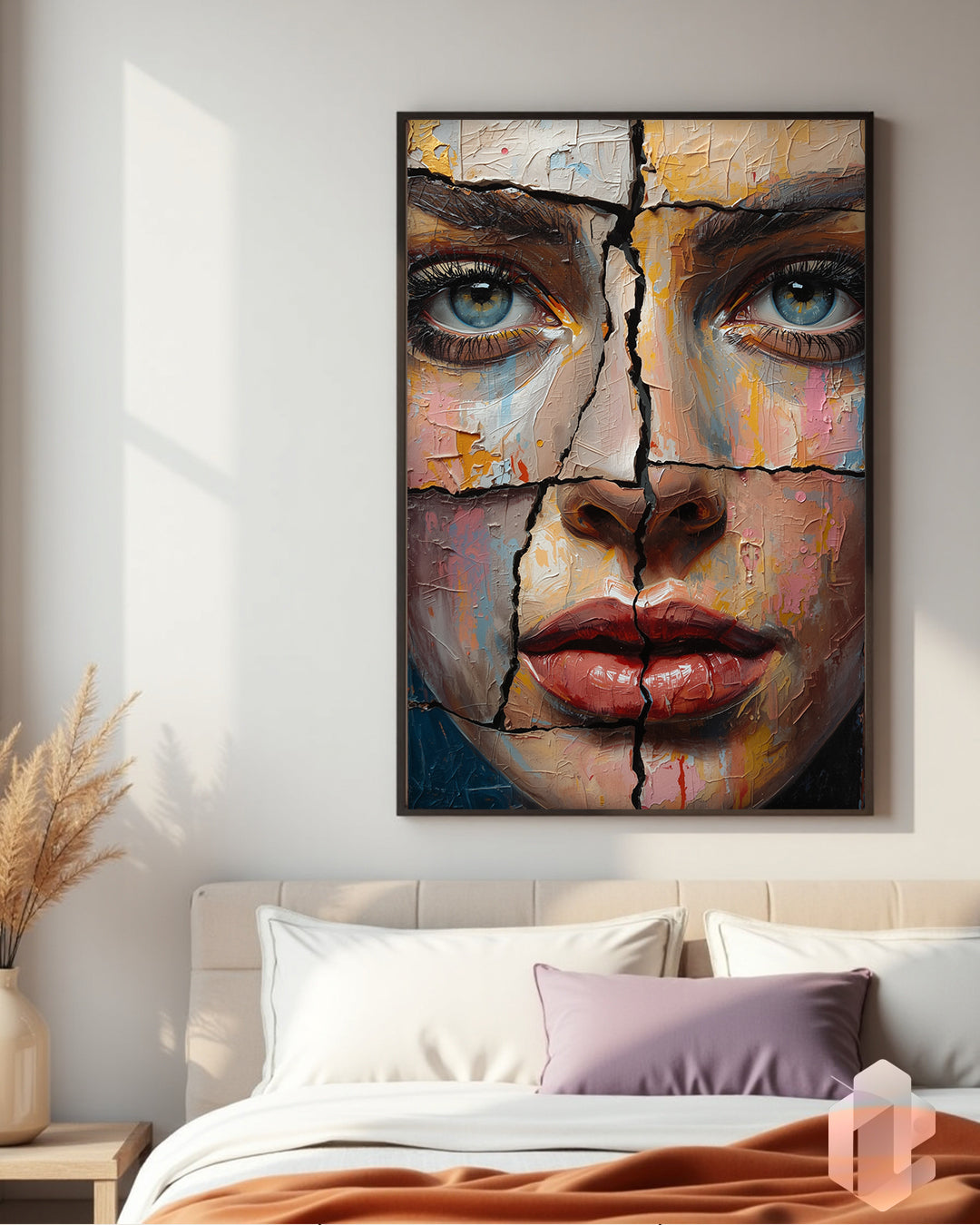 Fragmented Face I – Abstraktes Frauengesicht als Poster für eine künstlerische Wanddekoration im modernen Zuhause.