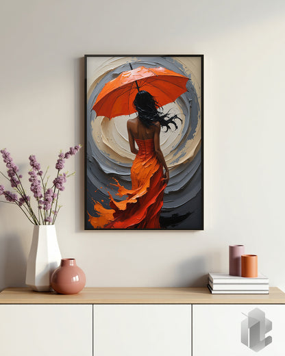 „Red Umbrella“ Poster: Frau im roten Kleid, umhüllt von einem lebendig wirkenden Regenschirm für elegante Raumgestaltung