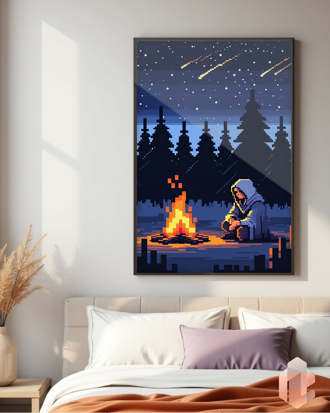„8bit RPG“ Poster: Retro Pixelart mit Lagerfeuer und RPG-Charakter – perfektes Wandbild für Gamer