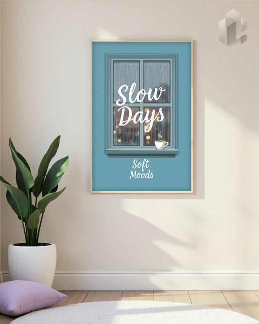 Minimalistisches Poster „Slow Days, Soft Moods“ – entspannte Atmosphäre für moderne Wohnräume.
