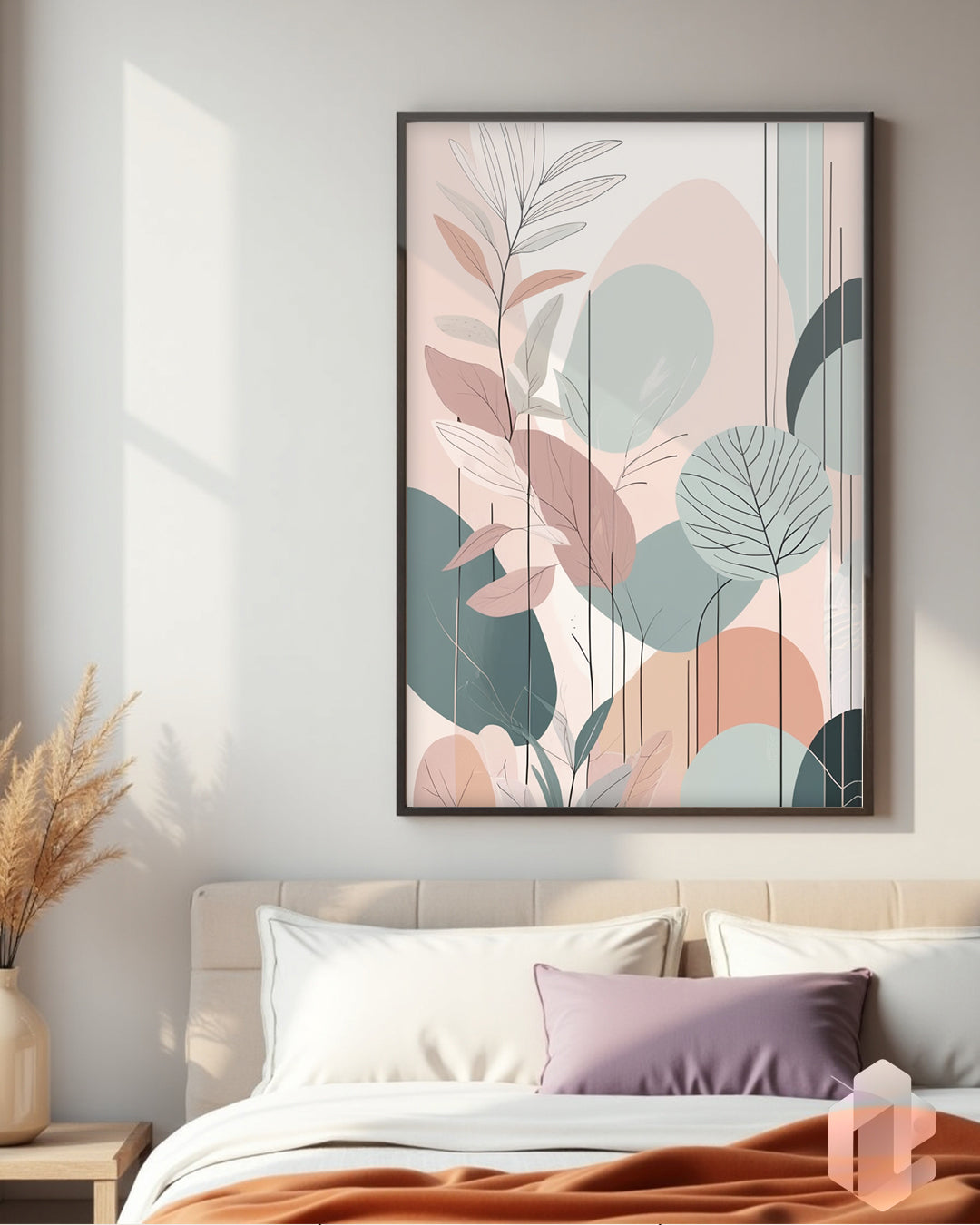 „Pastel Leafs I“ Poster: Elegantes Kunstwerk mit Pastellfarben und Blättern für ein ruhiges, modernes Wohnzimmer