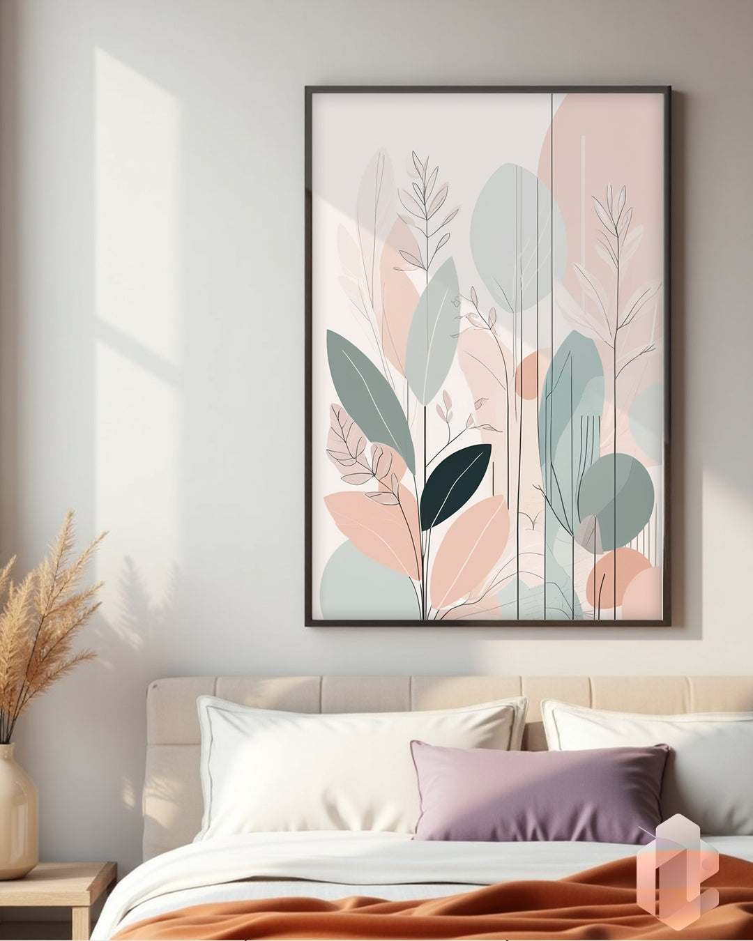 „Pastel Leafs II“ Poster: Ruhige Wandkunst in sanften Pastellfarben für ein elegantes und stilvolles Wohnzimmer