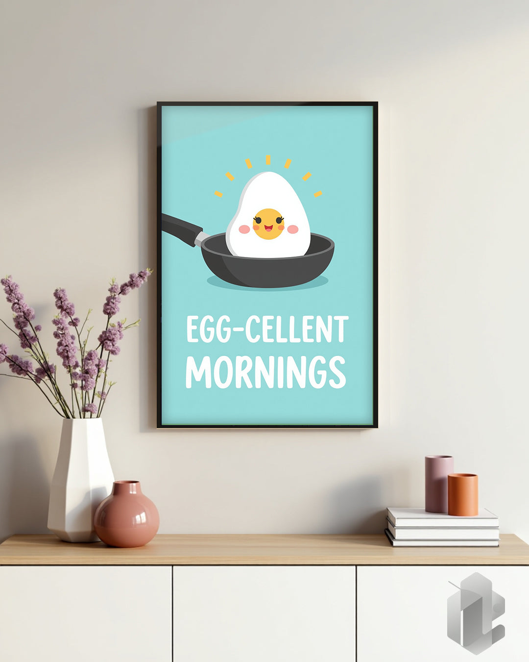 Lustiges Spruchposter „Egg-Cellent Mornings“ – witzige Wanddekoration für Küche, Esszimmer oder Wohnzimmer.