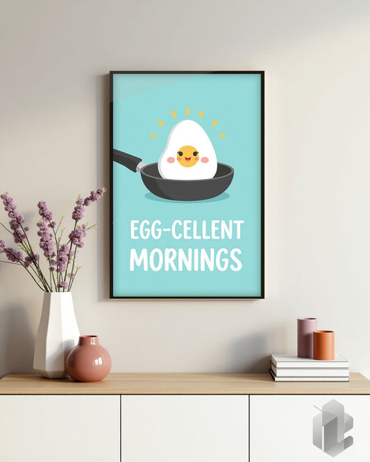 Lustiges Spruchposter „Egg-Cellent Mornings“ – witzige Wanddekoration für Küche, Esszimmer oder Wohnzimmer.