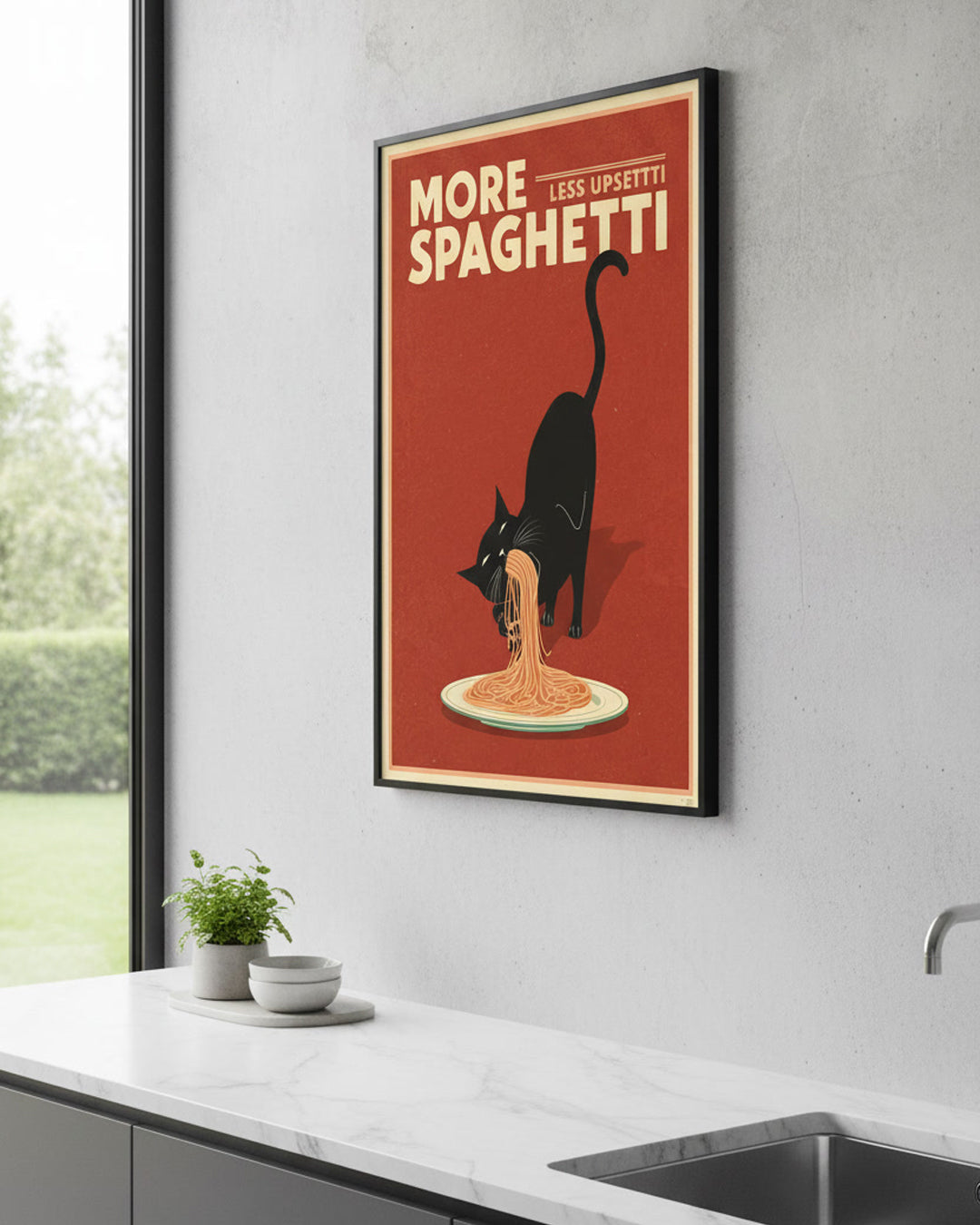 Funny Kitchen Poster More Spaghetti Less Upsetti – Katzen Illustration Wandbild Küche