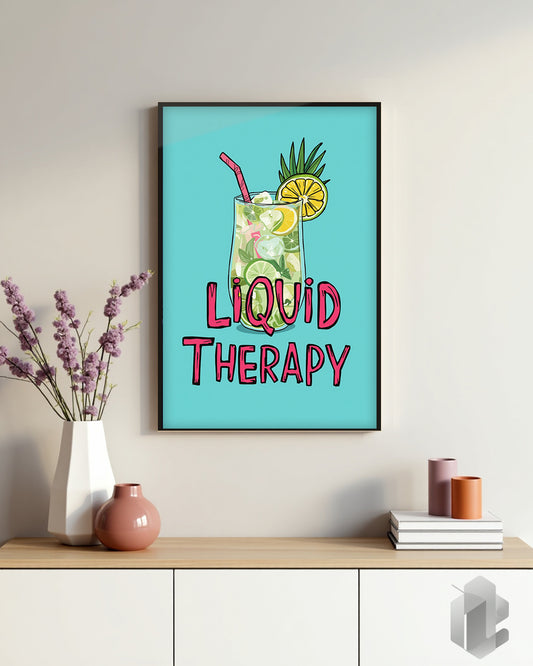Lustiges Spruchposter „Liquid Therapy“ – witzige Wanddekoration für Küche, Esszimmer, Wohnzimmer oder Bar in 50x70cm.