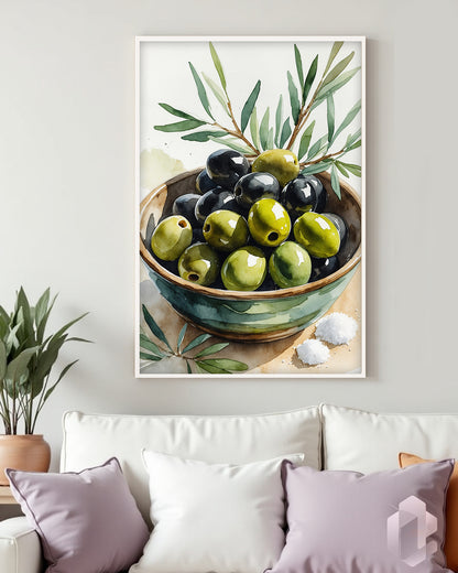 „Olives“ Poster: Kunstdruck mit Oliven im Stillleben-Stil, perfekt für eine elegante und natürliche Raumgestaltung