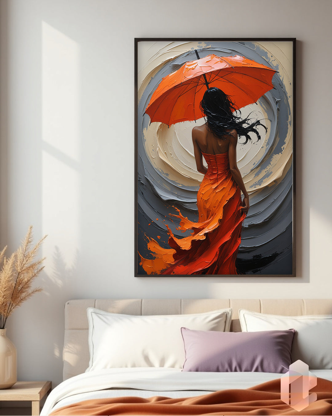 „Red Umbrella“: Dynamisches Kunstwerk mit Frau im roten Kleid und kraftvollem Regenschirm für Sinnlichkeit und Stil