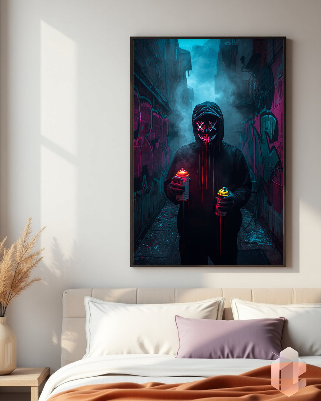 Urbanes Graffiti Poster mit maskiertem Künstler in Neonfarben für dein kreatives Zuhause in 50x70cm.