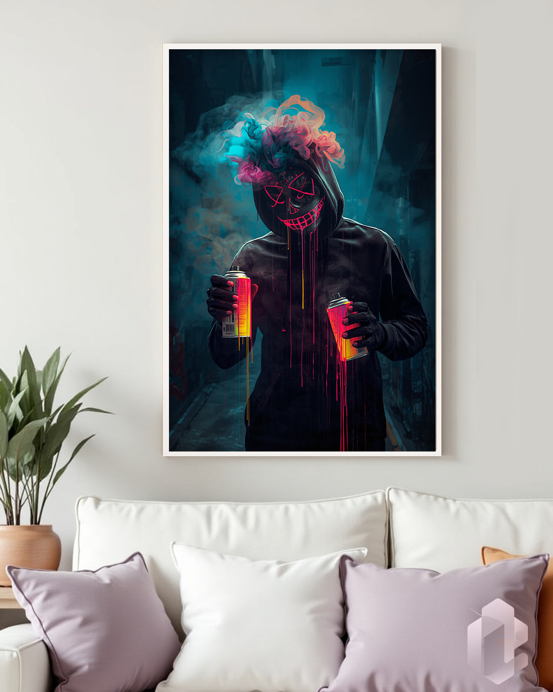 Urbanes Graffiti Poster „Masked Graffiti Artist II“ in Neonfarben für kreative Wohnzimmer und Büros.