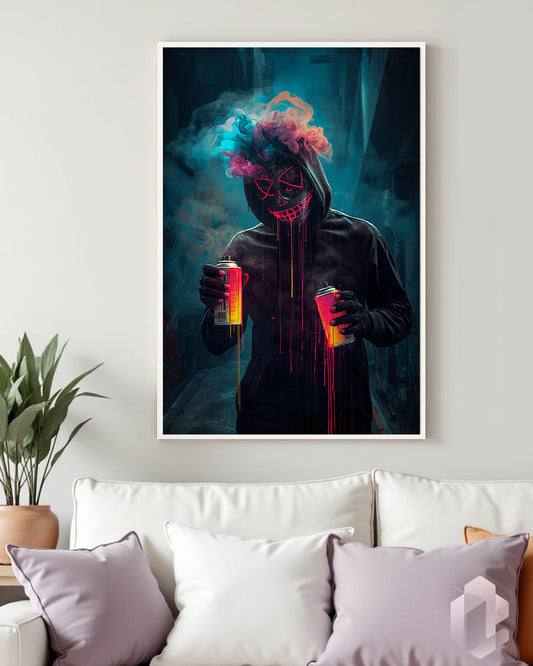 Urbanes Graffiti Poster „Masked Graffiti Artist II“ in Neonfarben für kreative Wohnzimmer und Büros.