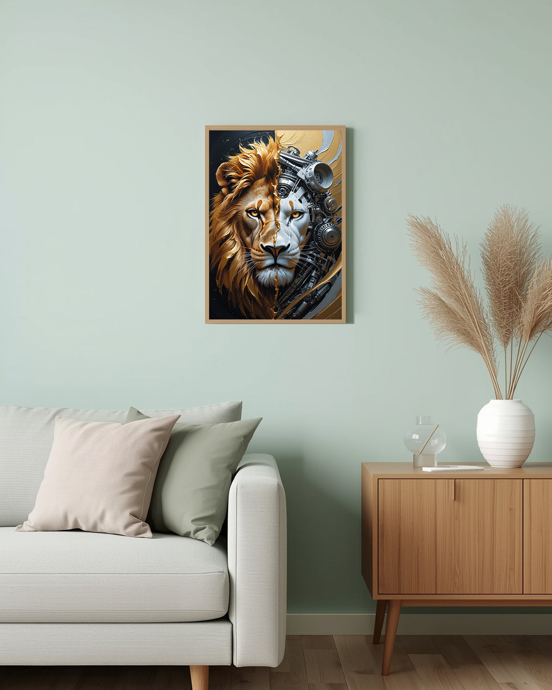 Modernes Kunstposter „Lion Hybrid“ mit Löwengesicht in futuristischer Technologie für dein Wohnzimmer oder Büro