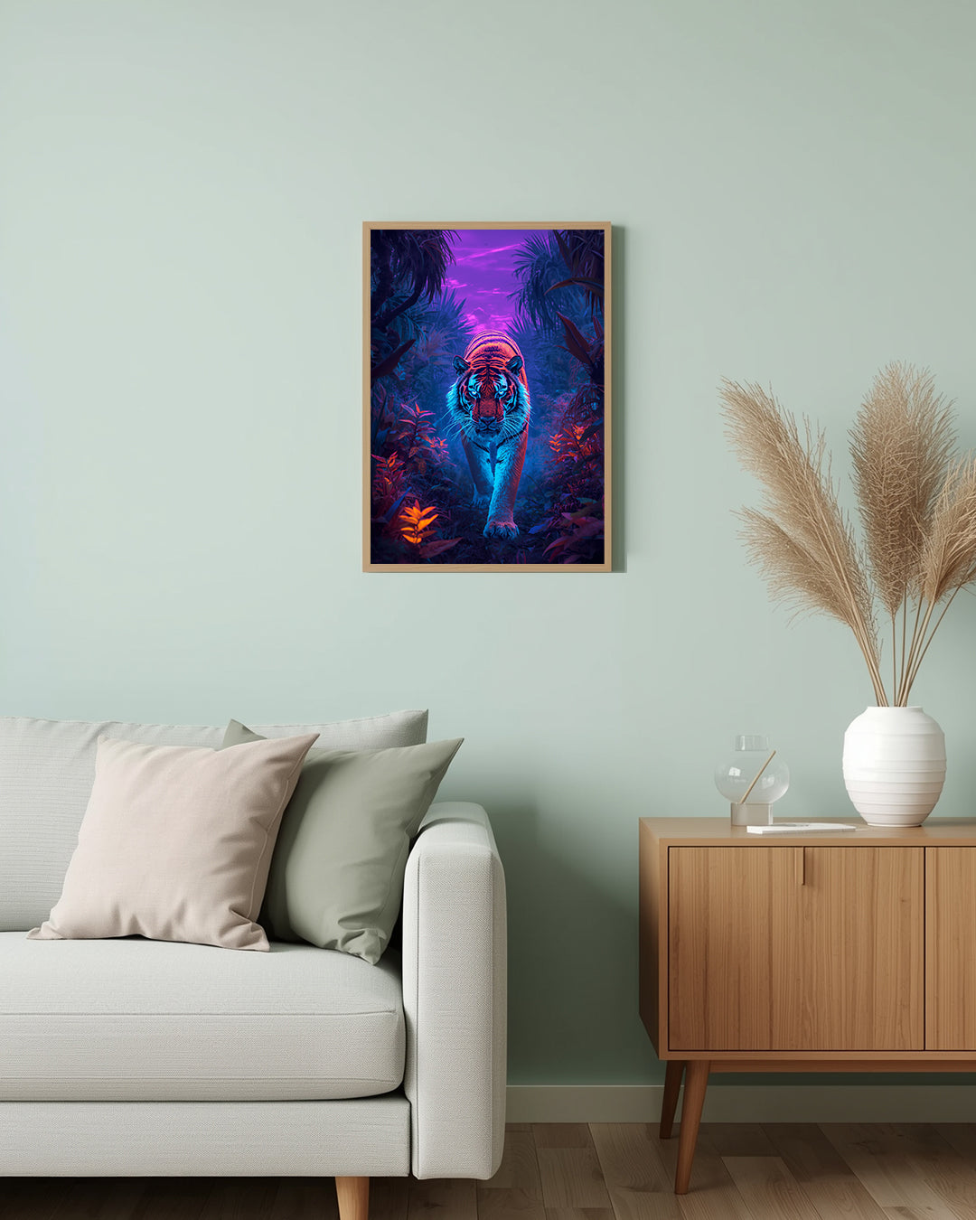 Tierposter „Neon Tiger“ – perfektes Geschenk für Tier- und Kunstliebhaber mit Sinn für kräftige Farben.