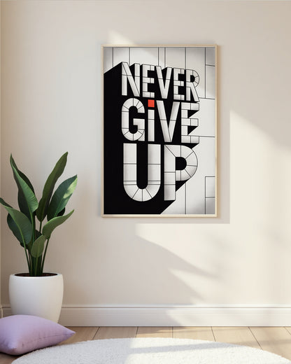 Schwarz-Weiß Wandbild Never Give Up mit Tiefeneffekt durch 3D Buchstaben