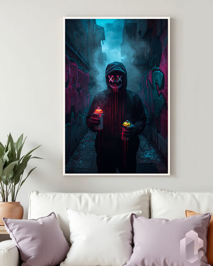 Neon Graffiti Kunst mit maskiertem Künstler als stilvolle Wanddekoration im modernen Design.