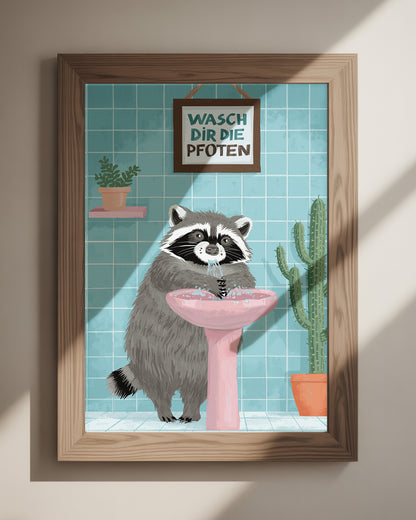 Buntes Waschbär Poster fürs Bad – Wasch dir die Pfoten Motiv