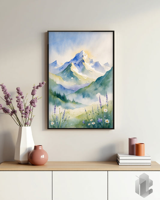 „Watercolor Mountains“ Poster: Sanfte Aquarell-Berglandschaft für eine beruhigende Atmosphäre im Wohnzimmer