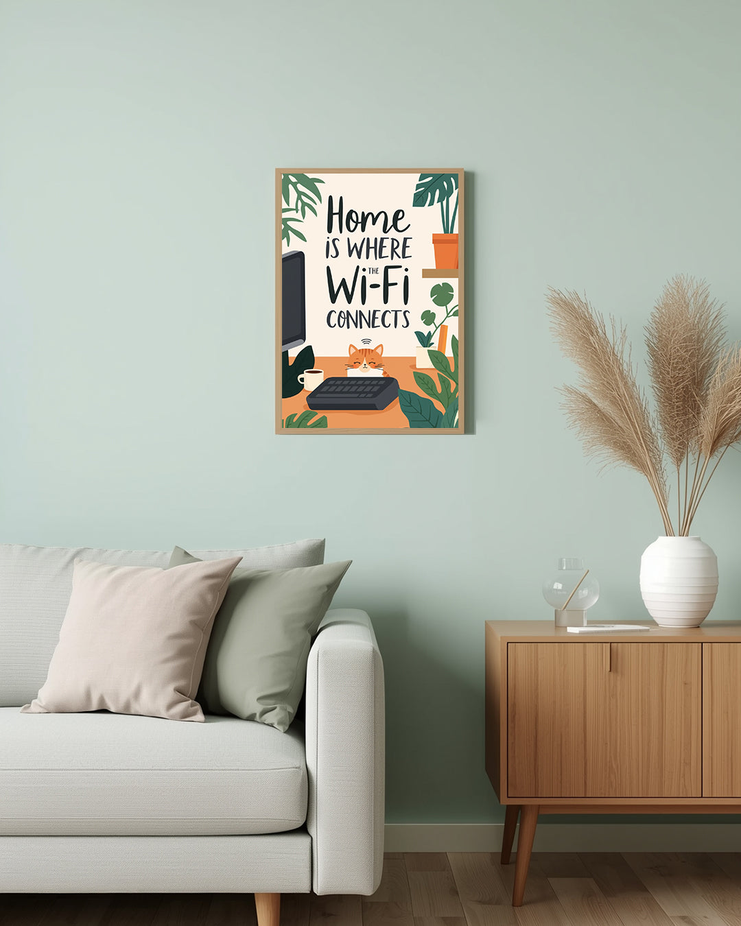 Humorvolles Wandposter mit Spruch „Home is where the WiFi connects“ – moderne Dekoration für jedes Zimmer 30x40cm.