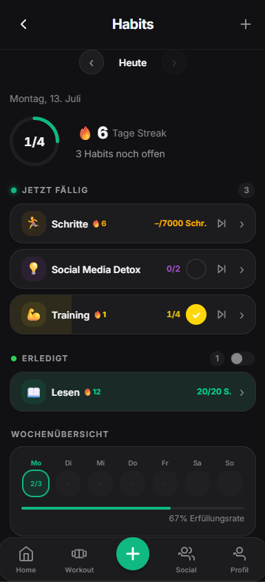 Fitness-App Habits-Tracker: Tagesroutinen mit Streak-Zähler, Fortschrittsanzeige und Wochenübersicht