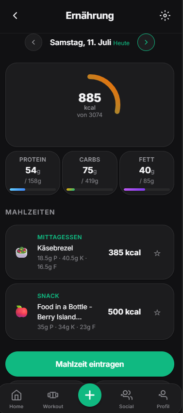 Fitness-App Ernährungstracker: Kalorien-Dashboard mit Makronährstoffen, Mahlzeiten-Protokoll und Tageszielen
