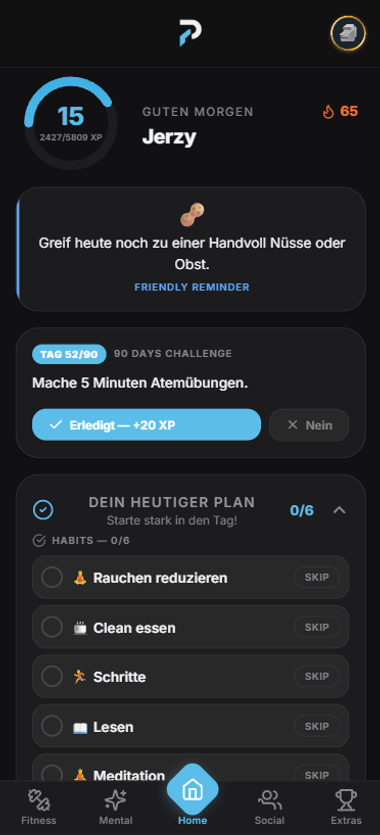 Become Prime Dashboard: Level-Fortschritt mit XP-Ring, Tagesimpuls, 90-Days-Challenge und Habit-Liste