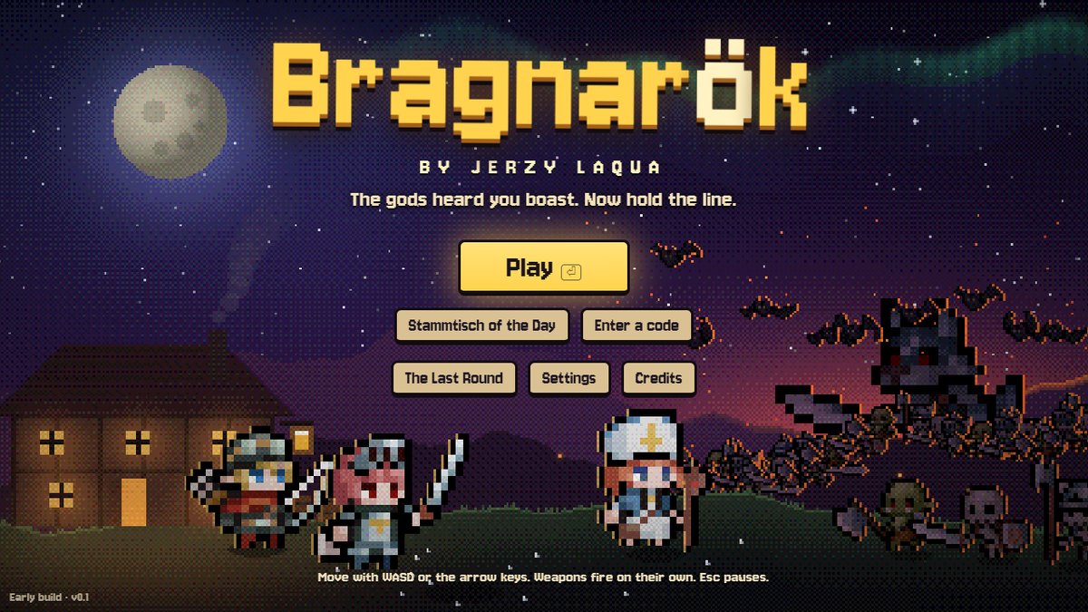 Bragnarök Titelbild: Pixel-Art-Helden vor einer Taverne, dahinter rückt eine Horde aus Skeletten, Fledermäusen und einem Wolf an