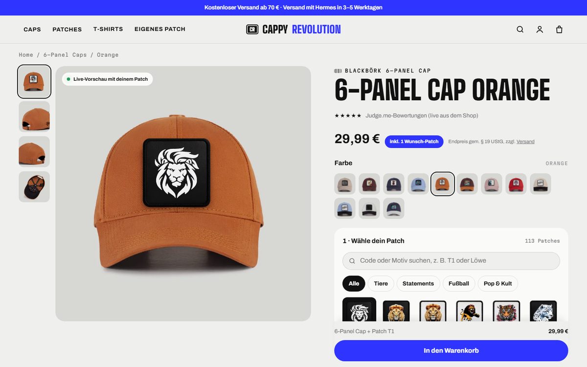 CappyRevolution Produktseite: 6-Panel Cap mit Live-Vorschau des gewählten Patches, Farbauswahl und Patch-Suche