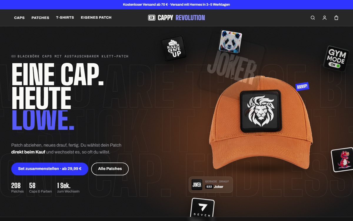 CappyRevolution Startseite: dunkle Hero-Fläche mit großer Headline, daneben eine Cap, auf der die Klett-Patches animiert wechseln