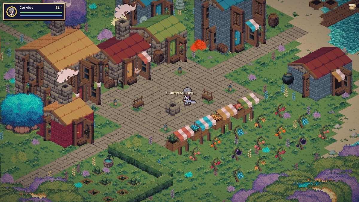 The Adventure of Corgius: isometrisches Pixel-Art-Dorf mit Marktständen, Gemüsebeeten und dem Helden Corgius auf dem Dorfplatz