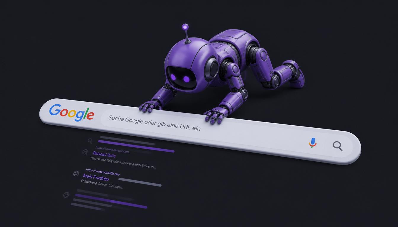 Web-Crawler Illustration: KI-Roboter durchsucht automatisiert Google-Suchergebnisse und sammelt strukturierte Daten