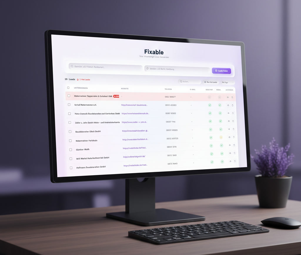 Fixable Leadgenerator: CRM-Oberfläche mit automatischer Firmensuche, Kontaktdaten, Website-Prüfung und Lead-Bewertung